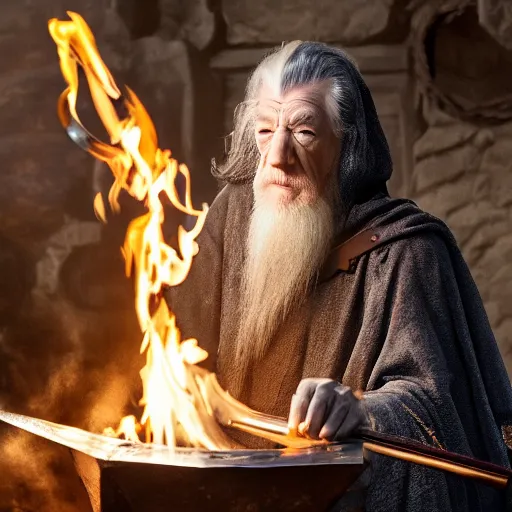 Prompt: the evil ian mckellen smithing on an anvil as gandalf in a dark viking hood playing odin all father crafting a neural network with golden synapses on an anvil with fire, highly detailed, cinematic shot, cinematic lighting, 8 k, exquisit facial detail