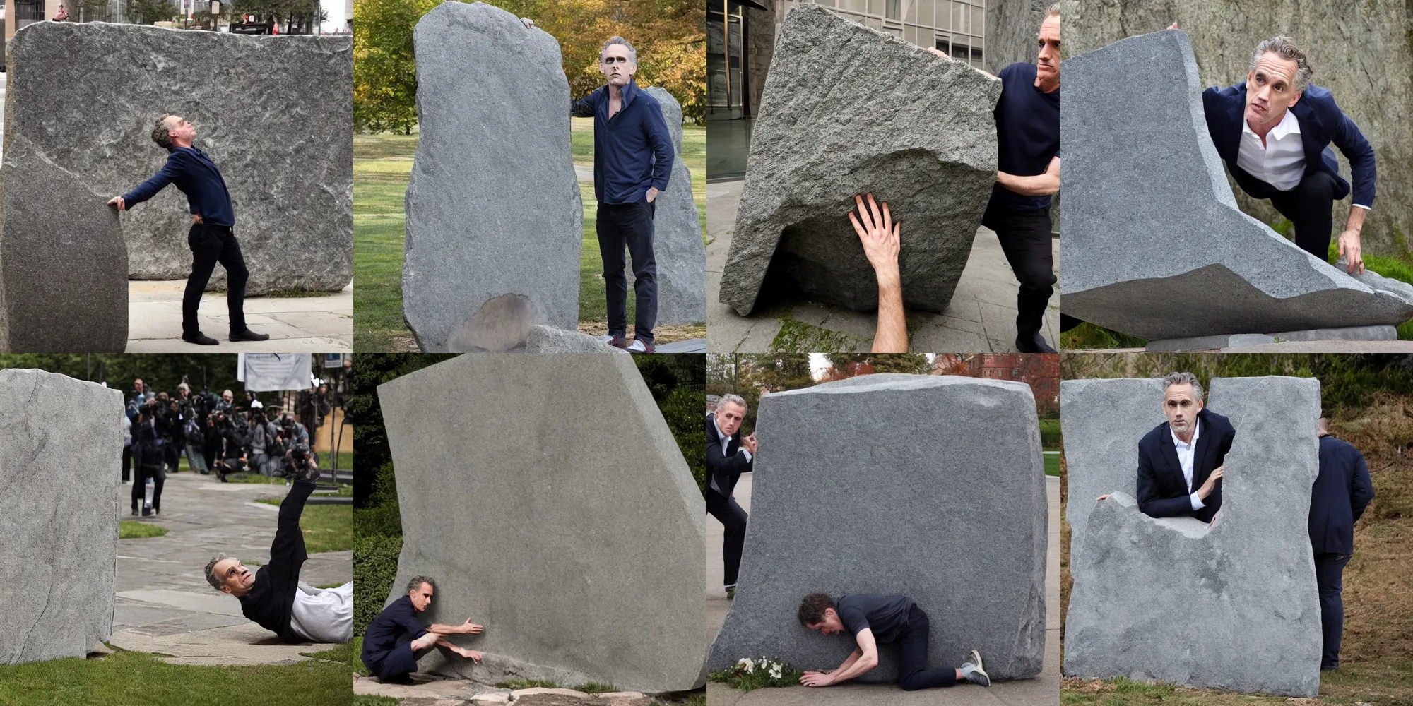 Prompt: jordan peterson struggling underneath a metaphorical stone slab representing the weight of his own lies