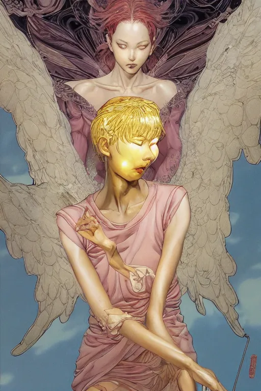 Image similar to prompt : angel women with golden wings soft light painted by james jean and katsuhiro otomo and erik jones, inspired by akira anime, smooth face feature, intricate oil painting, high detail illustration, sharp high detail, manga and anime 1 9 9 9