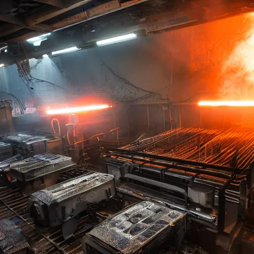 Prompt: rows of toaster oven mecha heads on conveyor belt, dark messy smoke - filled cluttered workshop, dark, dramatic lighting, orange tint, sparks, cinematic, highly detailed, sci - fi, futuristic, movie still