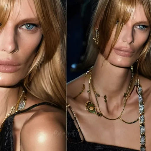 Image similar to A beautiful portrait of Julia Stegner as a model at Versace fashion show Spring/Summer 2014, highly detailed, in the style of cinematic, fashionweek backstage,makeup by Pat Mcgrath, Shot by Benny Horne