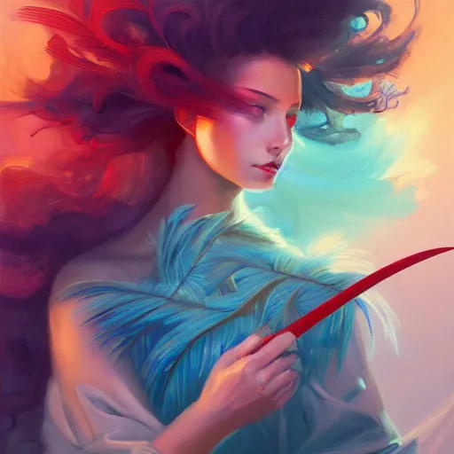 Prompt: a painting of a woman who made of curly red edges feathers is holding a sword, a digital painting by peter mohrbacher, trending on artstation, metaphysical painting, speedpainting, made of feathers, digital painting, holographic undertones, highly saturated colors, 4 k, digital art, concept art, trending on artstation