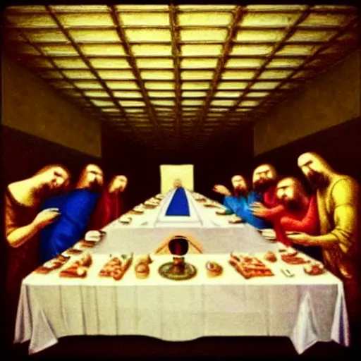 Image similar to “the last supper, but it’s in the backrooms with backroom monsters”