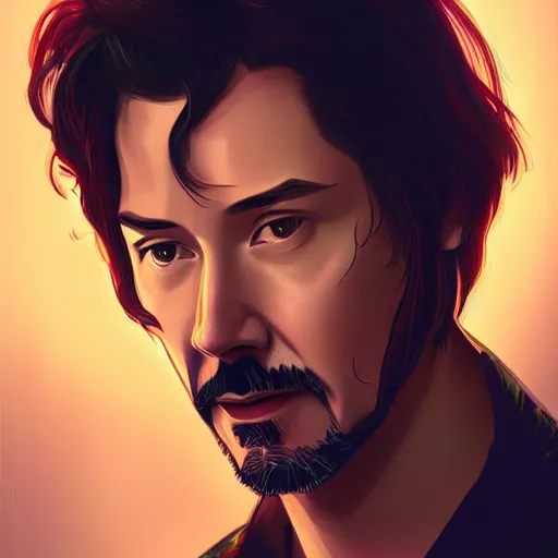 Image similar to Keanu Reeves as Tony Stark, ambient lighting, 4k, alphonse mucha, lois van baarle, ilya kuvshinov, rossdraws, artstation