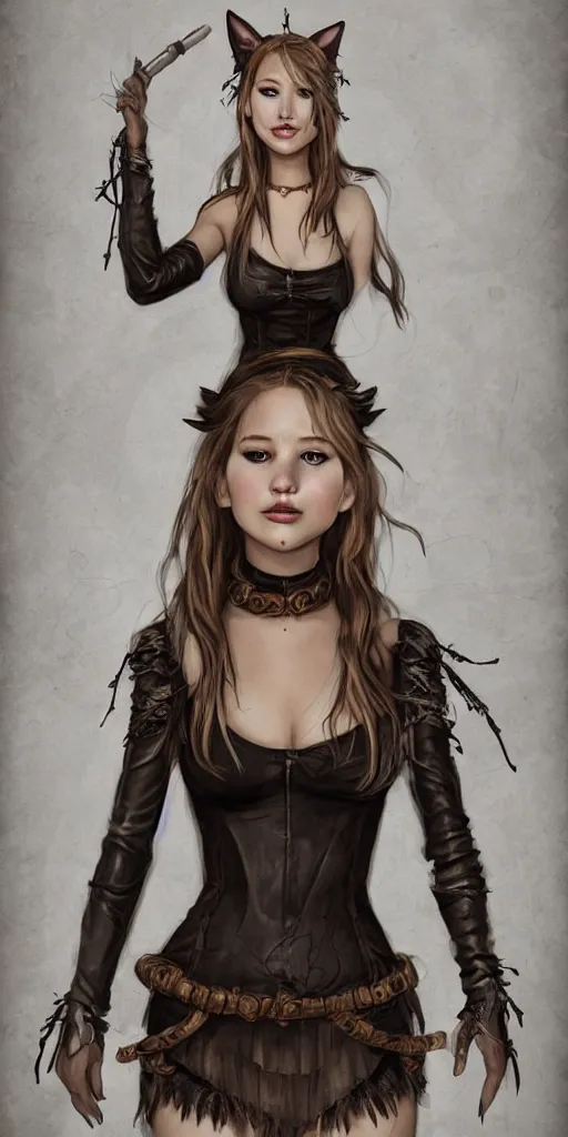 Image similar to Jennifer Lawrence scarecrow princess , dungeons and dragons character art, cute anime cat ears, character portrait, woman, very pretty face, wearing leather and lace, bare shoulders, cinematic lighting, in the style of Charlie Bowater, Tom Bagshaw, single face, symmetrical, headshot photograph, cinematic, portrait, Raphaelite, headroom, artstation, Pierre-Auguste Renoir