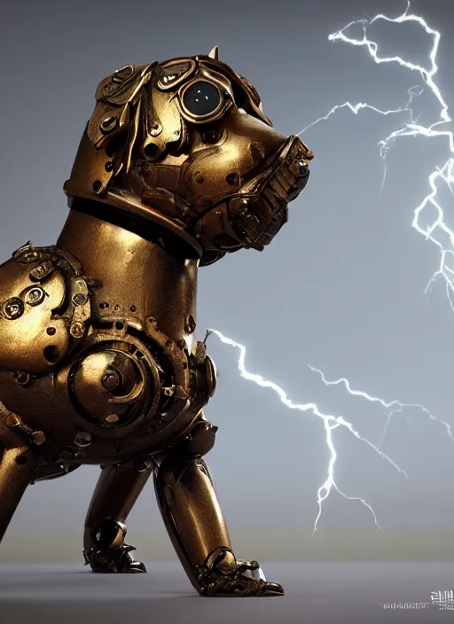 Image similar to a macro photo of amazing steampunk armored dog with ruby eyes and steam tubes legs, volumetric lightning, octane render, 4 k, hd, realistic reflections, extremely high detailed, soft lightning, trending on artstation, masterpiece, high resolution, bronze, gold, soft lightning