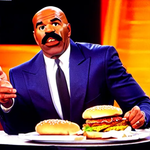 Image similar to steve harvey on the set of pulp fiction eating a cheeseburger