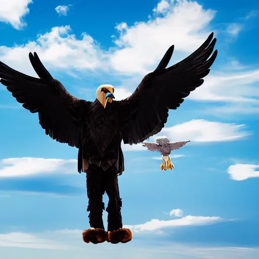 Image similar to cinematic photo of a giant eagle carrying away a person in a mascot costume, camera is looking up at the subject in the sky with fancy clouds behind