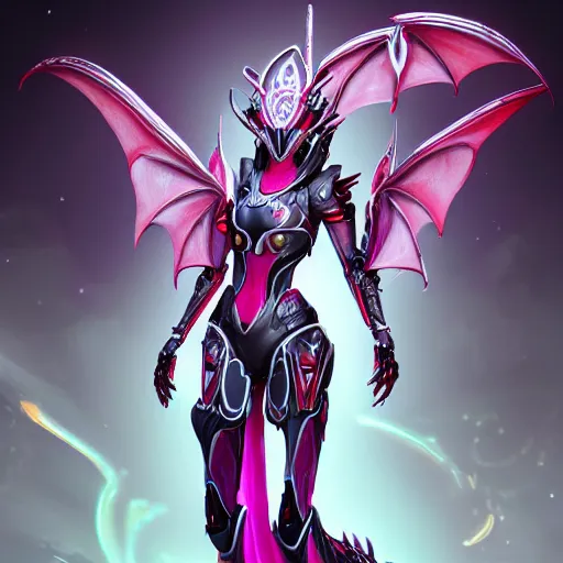 Image similar to highly detailed exquisite fanart, of a beautiful female warframe, but as a stunning anthropomorphic robot female dragon, glowing eyes and robot dragon head, off-white plated armor, bright Fuchsia skin, elegant pose, full body shot, epic cinematic shot, realistic, professional digital art, high end digital art, sci fi, DeviantArt, artstation, Furaffinity, 8k HD render, epic lighting, depth of field