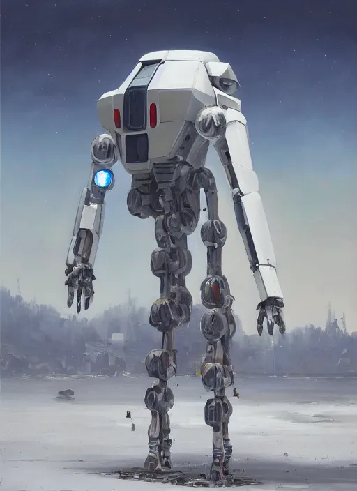 Image similar to an intricate oil painting of a giant pristine white android jagged mech robot with rounded components and tarpaulin cloak by simon stalenhag, inspired by nier : automata, clean white lab background