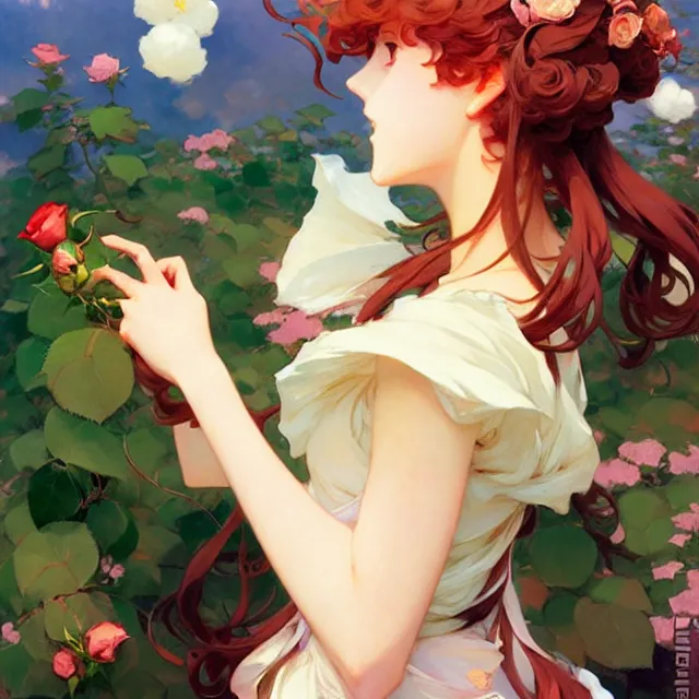 Image similar to beautiful rose anime girl, krenz cushart, mucha, ghibli, by joaquin sorolla rhads leyendecker, by ohara koson