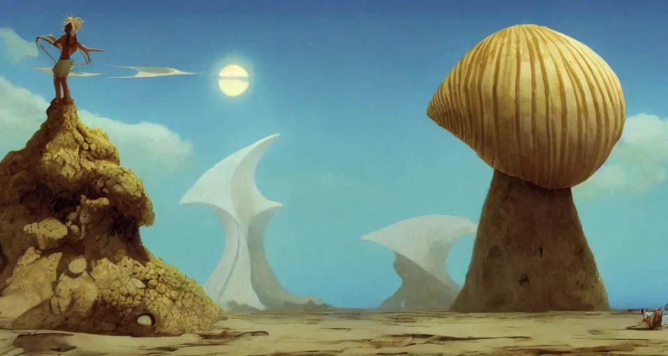 Image similar to a deserted island, giant seashell stands in the middle, a girl standing below, concept art by roger dean and john harris, atmospheric