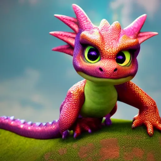 Image similar to adorable baby dragon, the dragon is purple and glittery, big eyes, Pixar CGI, octane render, kawaii