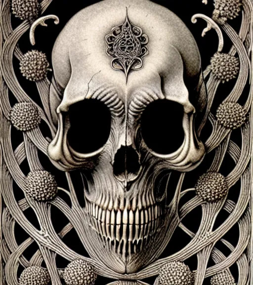 Image similar to art forms of nature by ernst haeckel, memento mori by arthur rackham, ornate antique porcelain beautiful skull mask, ultrasharp, photorealistic, hyperdetailed, octane render, polished, art nouveau, neo - gothic, gothic, intricate ornamental organic filigree, art nouveau botanicals, art forms of nature by ernst haeckel, horizontal symmetry, symbolist, visionary