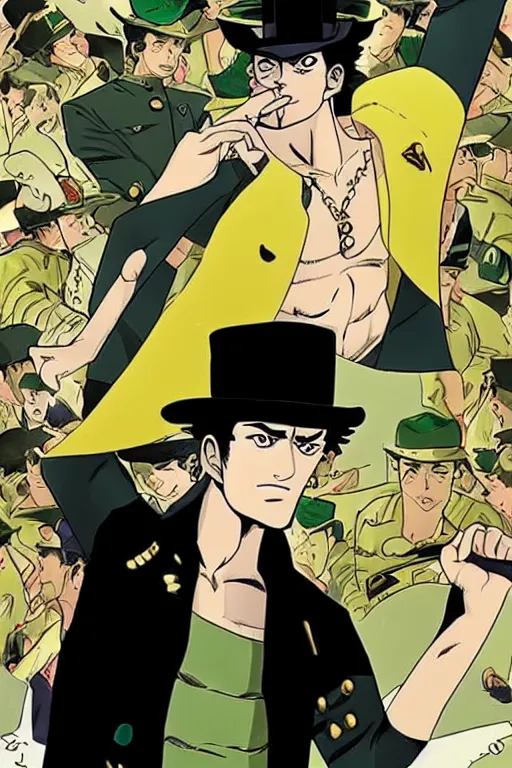 Image similar to jotaro kujo using a cap, meets corto maltese, comic book