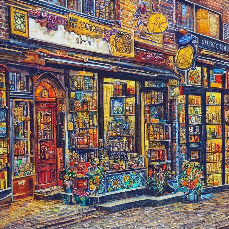 Image similar to modern coin shop. intricately detailed acrylic painting