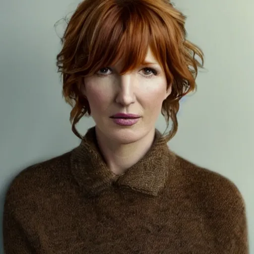Image similar to award winning portrait of kelly reilly that looks like a young man!!!! bare ears, ( ( short brown hair ) ) and hazel!!! eyes, stubble