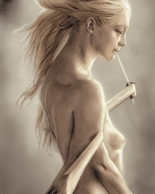 Image similar to tattoo sketch of beautiful greek goddess aphrodite, bow and arrow, beautiful piercing eyes, flowing blonde hair, realistic face, hyper realistic, in the style of greg rutkowski, fantasy, amazing detail, epic, intricate, elegant, smooth, sharp focus