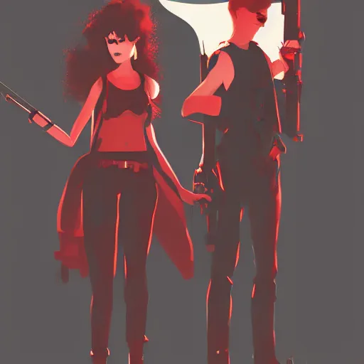 Image similar to a concept art of a boy and a girl with red hair holding a gun, gothic clothes, clean silhouette, highly detailed, digital painting, artstation, concept art, smooth, sharp focus, illustration