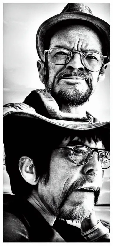 Prompt: “ a portrait photo of luffy as walter white, side shot, by professional photographer, 8 k resolution, high quality ”