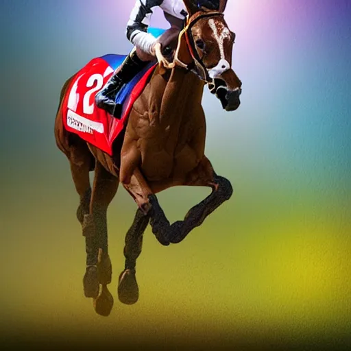 Prompt: close - up front view of a racing thoroughbred stallion ( with jockey in colorful outfit ) galloping extremely hard and emerging headfirst out of very dense ground fog to win a race at the track. photorealistic digital art.