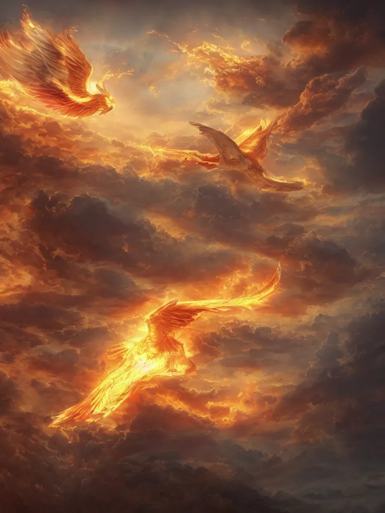 Prompt: A golden fire-burning phoenix flying in the clouds, A beam of holy light hits the phoenix，fantasy matte painting，rich colors, high details，Flame effect，light effect，by Jonas De Ro and John Pitre，trending on cgsociety and artstation，Film Lighting，8kHDR，unreal engine， Houdini particle effects，Epic scenes