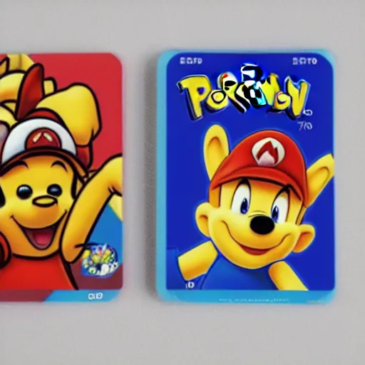 Image similar to photograph of winnie the pooh and super mario and sonic the hedgehog anime style, on pokemon card packs at target