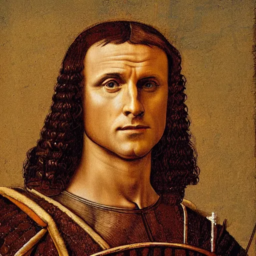 Image similar to Emmanuel Macron portrait in Renaissance armor, detailed, cinematic light, art by Leonardo da Vinci
