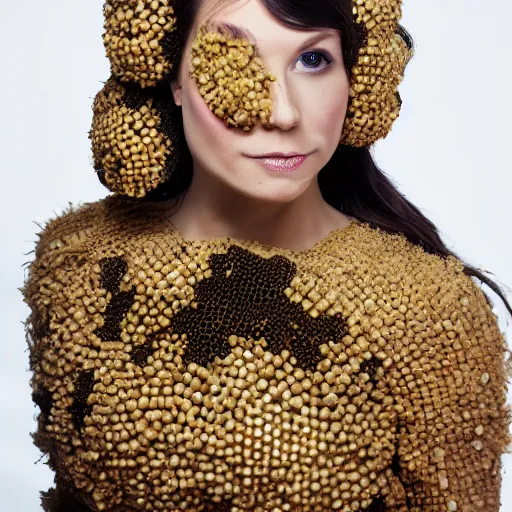 Image similar to a beautiful dress made of a real bee hive, on a mannequin. high resolution, studio lighting, closeup