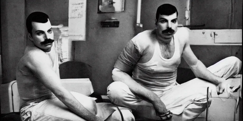 Image similar to freddie mercury sits in a russian prison, black and white photo, realism, 3 5 mm, good lighting