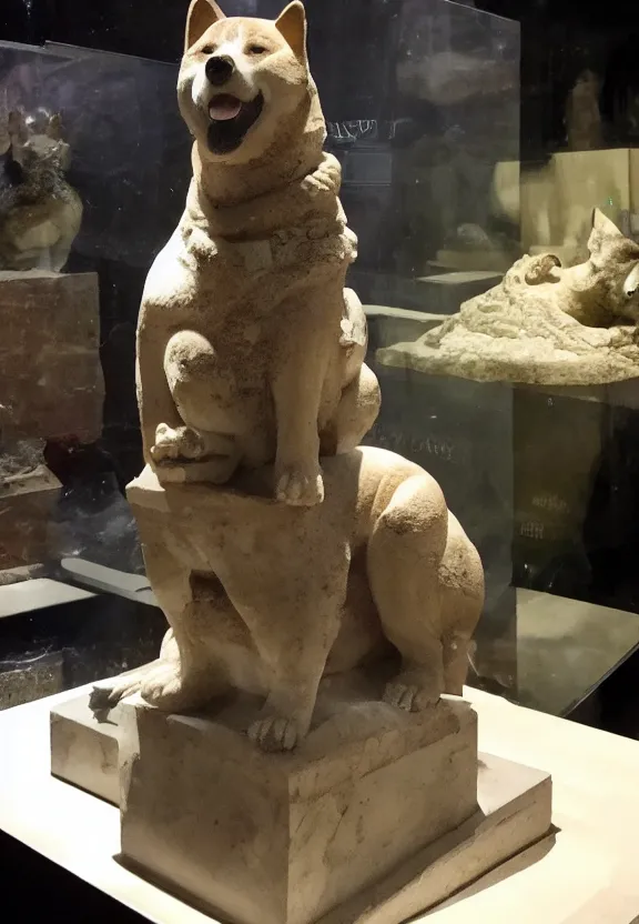 Image similar to ancient roman statue of a shiba inu inside an alien museum