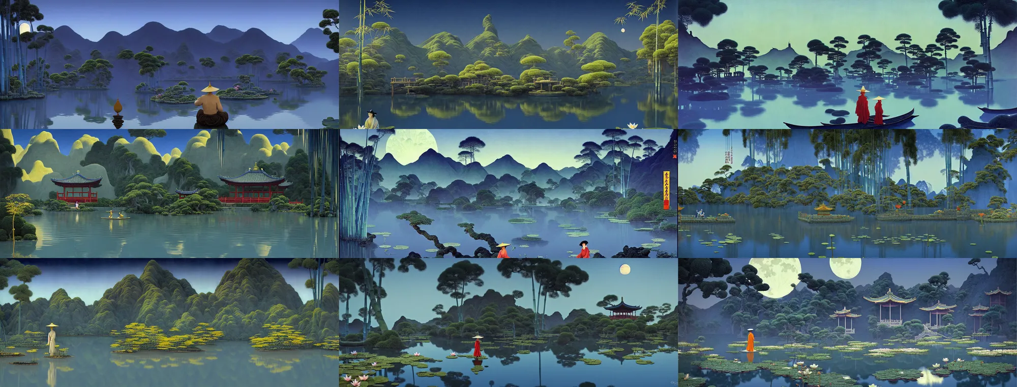 Image similar to a gorgeous landscape painting by barlowe wayne maxfield parrish and marco mazzoni. chinese temple. drak blue night sky. just one winter moon!! just one lonely chinese wuxia with bamboo hat walks on the winding steps. blooming lotus lake!! ultra clear detailed. 3 d, octane render. turbulent blood lake.