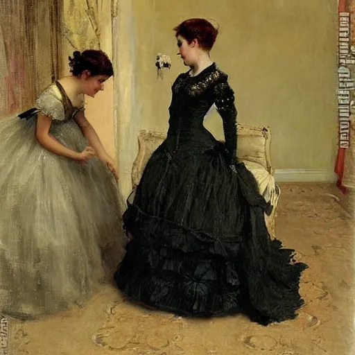 Image similar to young victorian lady in ball gown getting dressed, painted by alfred stevens