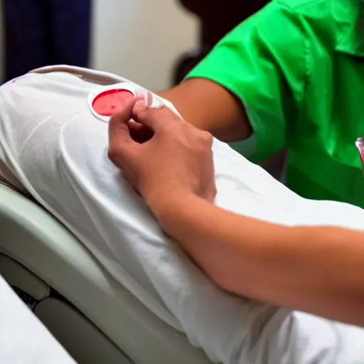 Image similar to a crying blood donor donating green blood in the hospital. green blood is dripping from blood donor's arm on to the floor.