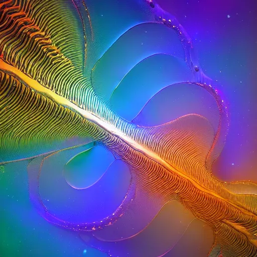Image similar to an highly detailed irregular warped fractal of feathers by Dean Roger, background of outer space neon nebulas by Pilar Gogar, 8k hdr octane render