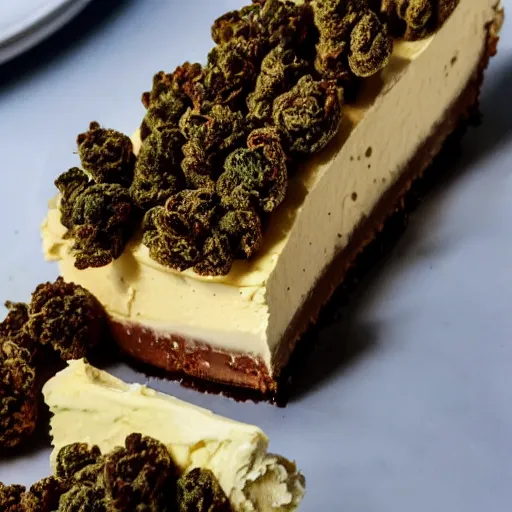 Image similar to close view of a delicious sweet and perfect marijuana bud cheesecake piece, award winning, 4 k, beautiful