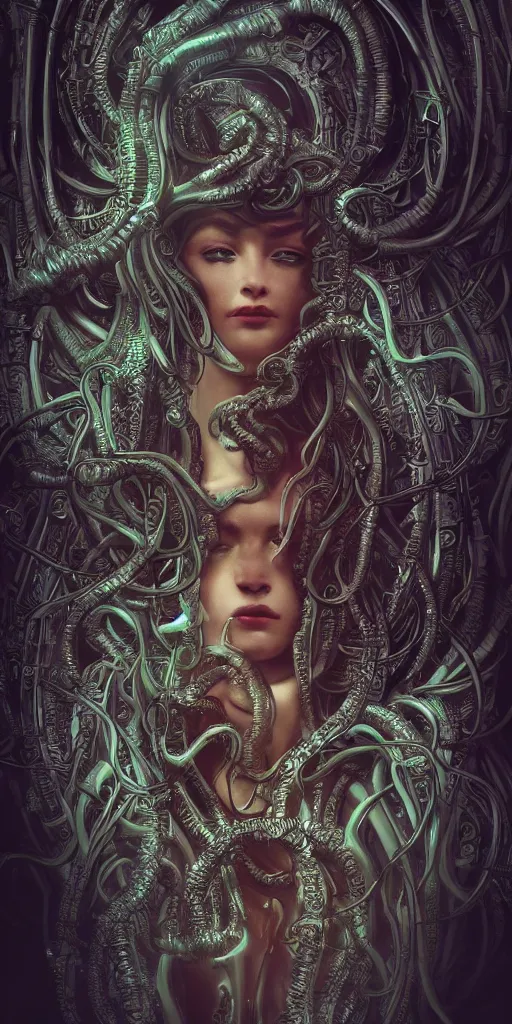 Image similar to Cyberpunk medusa, dark atmosphere, cinematic shot, intricate, ornate, photorealistic, ultra detailed, realistic, 35mm, photography, neon, octane, high definition, depth of field, bokeh, 8k, artstation, ((alphonse mucha))