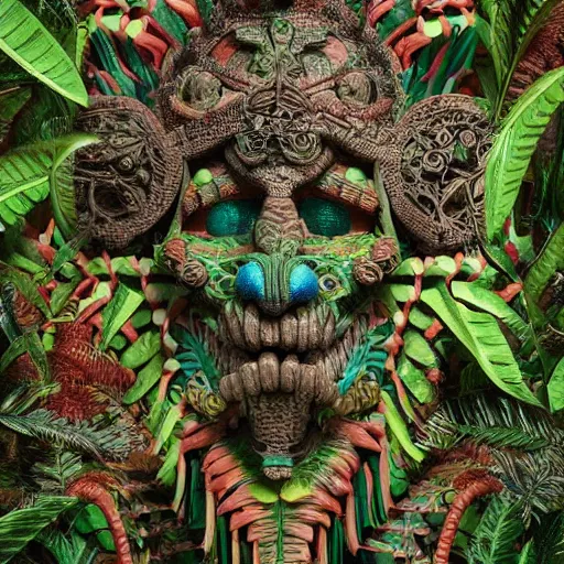 Image similar to mayan supernatural beings, pattern, jungle, intricate entanglement of botanical features, intricate details, octane render, trending on deviantart