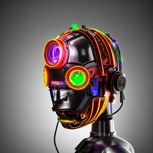 Image similar to a glossy claymodel of a dieselpunk aztec futurism robot head with glowing headphones, 8 k, symetrical, flourescent colors, halluzinogenic, multicolored, very detailed, black background, 3 d render,