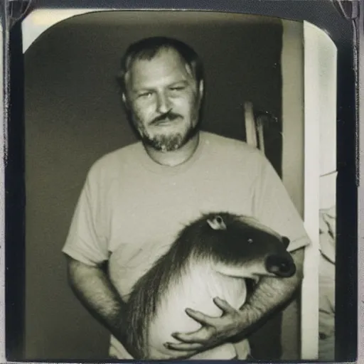 Prompt: old polaroid photo of an old man holding a rifle and standing proudly next to a giant capybara sleeping