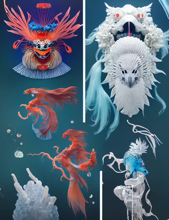 Image similar to new world order, intricately detailed japanese crow kitsune mask and clasical japanese kimono. betta fish, jellyfish phoenix, bio luminescent, plasma, ice, water, wind, creature, artwork by tooth wu and wlop and beeple and greg rutkowski