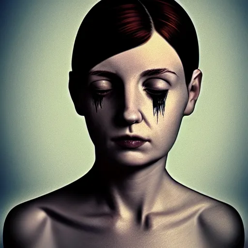 Image similar to beautiful portrait of a hopeless, worthless, lonely, ( young woman ) lawyer, sad, frightening, depressing, miserable, stunning, intelligent, stark, vivid!!, sharp, crisp, colorful!!, ultra ambient occlusion, reflective, universal shadowing, fantasy art, extremely even lighting.