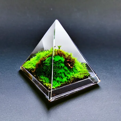 a pyramid of glass terrarium cube with fern, moss and Stable