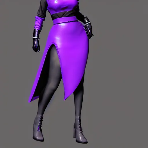 Image similar to curvy feminine hot goth cutie with sublime elegant purple-grey leather dress, checkered, cgsociety, photorealistic, seductive ambience, idealistic, 16k, smooth, sharp focus, trending on ArtStation, volumetric lighting, fully clothed, worksafe