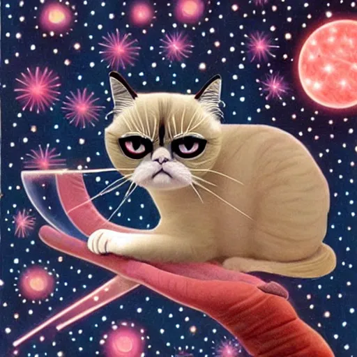 Image similar to Grumpy cat bathing in the opalescent cosmos, his worries melting away leaving a slight smirk on relaxed face, surrounded by stars and fancy feast, his decadence knows no bounds, he is grumpy no more