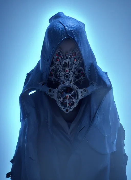 Image similar to character design, biomechanical arcanist, tattered hood, blue lightning, blue mist, fog, scary, photorealistic, cinematic, hyper realistic, octane render, 8 k, wide angle