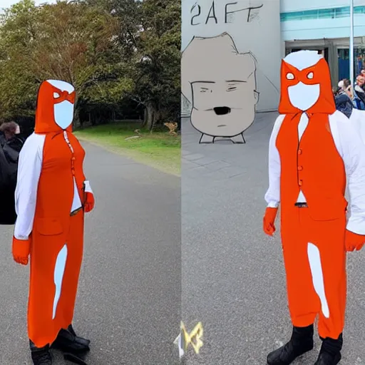 Image similar to a person cosplaying a wojak meme