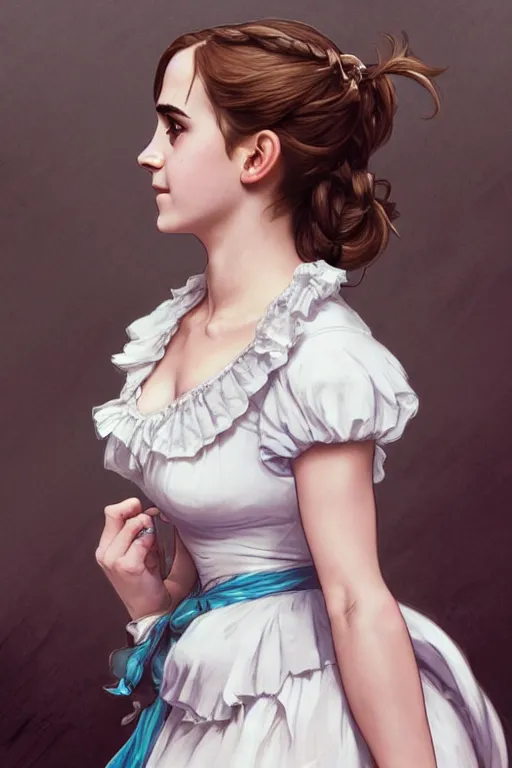 Image similar to A film still of emma watson in cosplay as a french maid, highly detailed, digital painting, artstation, concept art, sharp focus, illustration, cinematic lighting, art by artgerm and greg rutkowski and alphonse mucha diffuse lighting, fantasy, intricate, elegant, highly detailed, lifelike, photorealistic, digital painting, artstation, illustration, concept art, smooth, sharp focus, art by John Collier and Albert Aublet and Krenz Cushart and Artem Demura and Alphonse Mucha