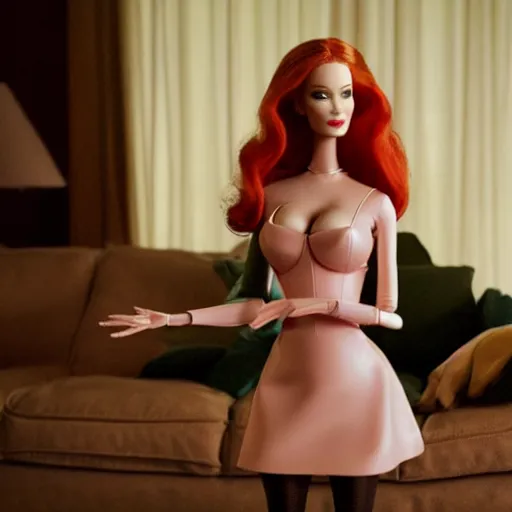 Image similar to amazing beautiful Christina Hendricks barbie doll wearing leather in the living room, film still from the movie directed by Denis Villeneuve , wide lens