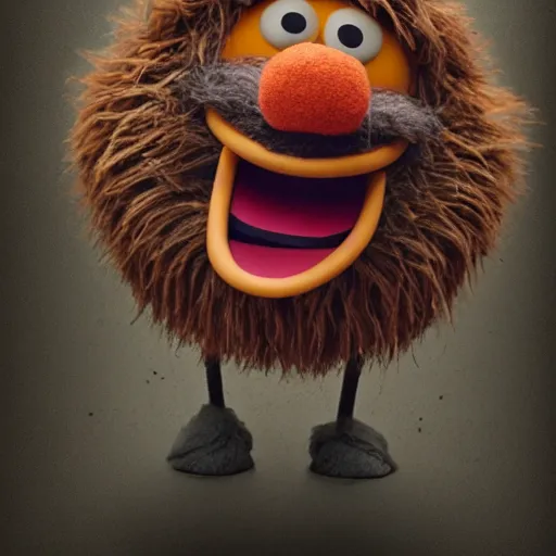 Image similar to a still of a forgotten muppet character looking very manly and modern, hilarious, laughing, hairy chest, huge chin, manly monster tough guy, roughled fur, photo real, photographic, photograph, artstation, trending, featured